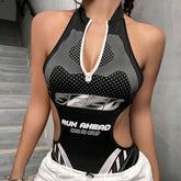 Street Letters Print Hollow Bodysuit